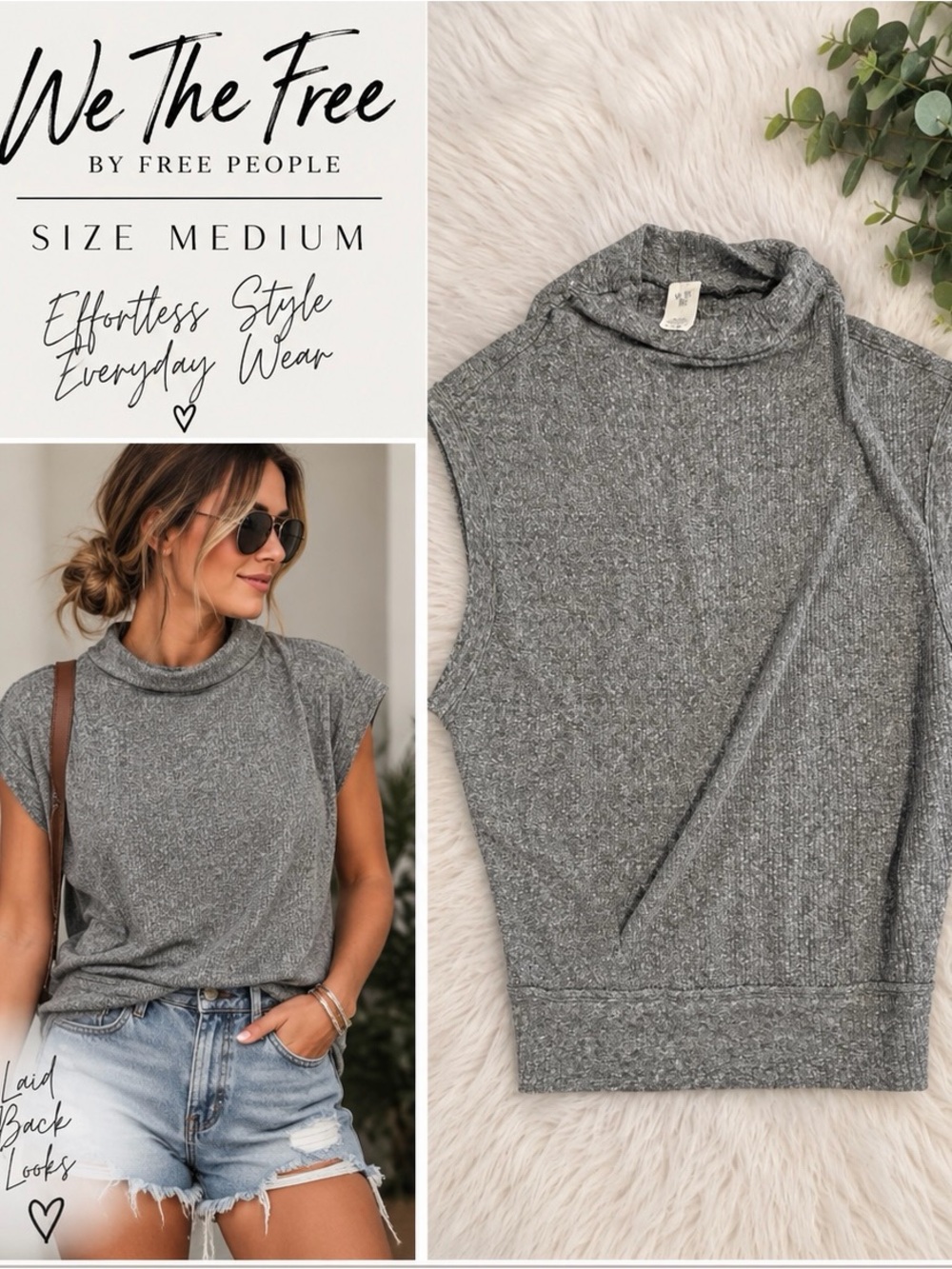 We The Free Gray Ribbed Mock Neck Sleeveless Tank